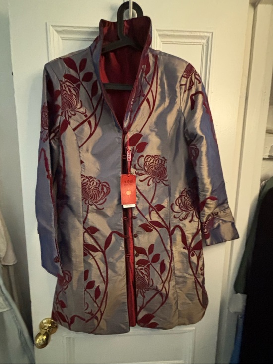 Jackets & Blazers - Gray Satin Trench Coat with Burgundy Floral Velvet Trim